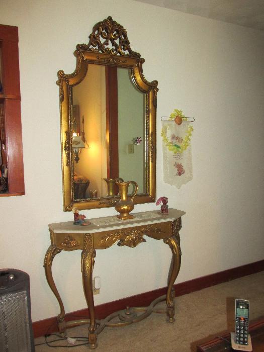 Antique Gold Gilded Marble Top Console With Mirror