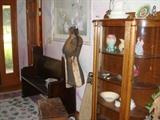 Church pew, dress form, primitive box  - curio cabinet is a repro 