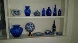 Hand painted blue china pieces and Cobalt glass pieces