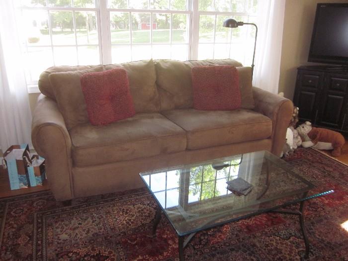 Micro fiber sofa, coffee table, area rug