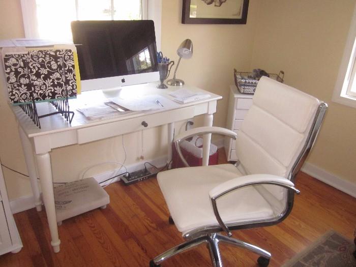 Desk, leather chair, (computer equipment not for sale)