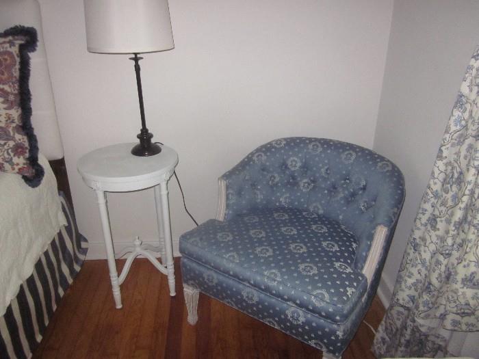 Custom upholstered chair, side table, lamp