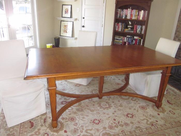 Dining Room table, large, has 2 large leaves not attached., parsons chairs