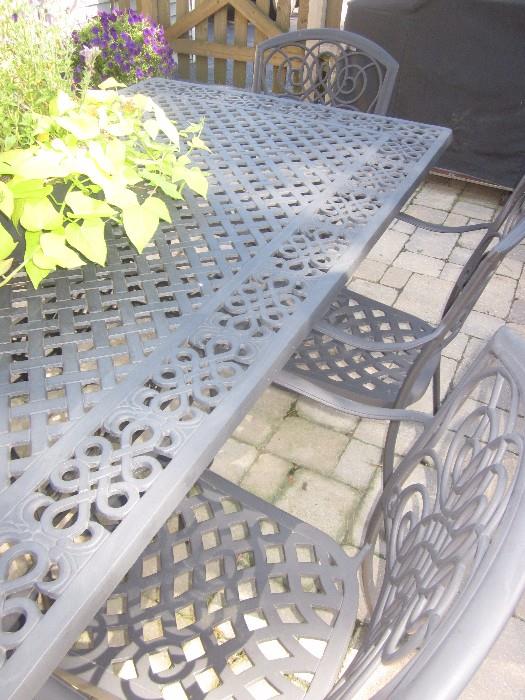 Lyon-Shaw patio table, 8 chairs Woodard Design w/ Ballard Sunbrella cushions