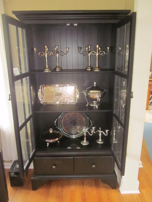 Cabinet, shelving, silver plate decor