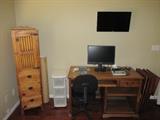 Desk, corner storage unit, desk chair, plastic storage and tv trays...