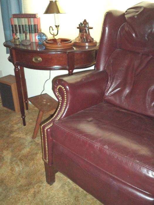 Leather Recliner & 1 of 2 Demilune Tables