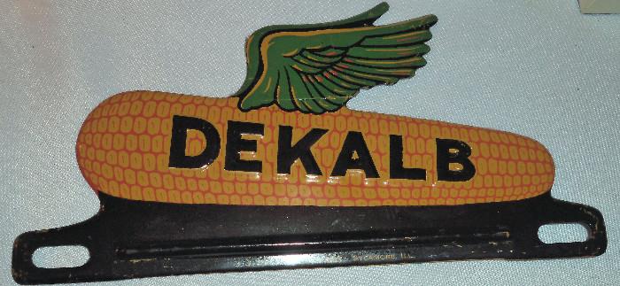Tin DeKalb Ag Winged Corn License Plate Topper, J.V. Patten Sycamore IL - Great condition!