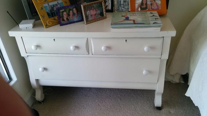 1930's dresser, painted white - just because. It seems that current furniture trends favor anything other than brown furniture.                                                            Prepare for the upcoming trend of brown furniture by learning to restore furniture that has ben defiled by Chalk Paint Mammas. 