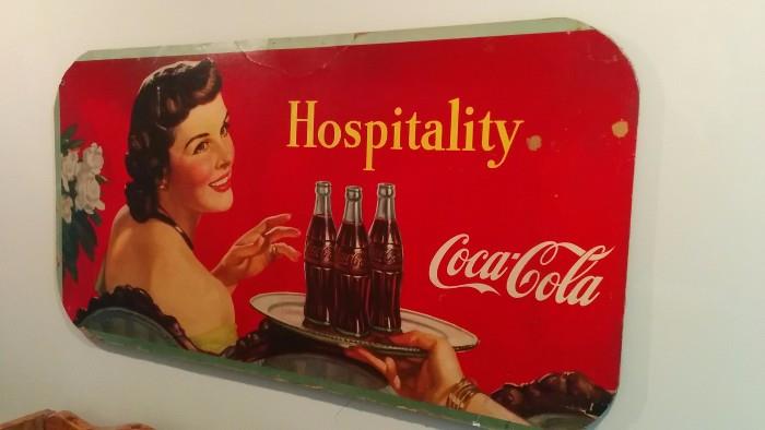 Very large, vintage 1945 Coca-Cola advertising piece, measures 4' 6" long x 2' 3" wide.