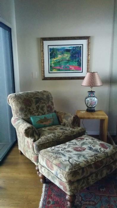 Grab a book, cup o' joe and enjoy this Clayton Marcus chair. It even has a matching ottoman empire! Framed and signed Atlanta National Golf picture, fugly Asian lamp (with a shade only its Mother could love) and pedestrian bamboo side table.                   