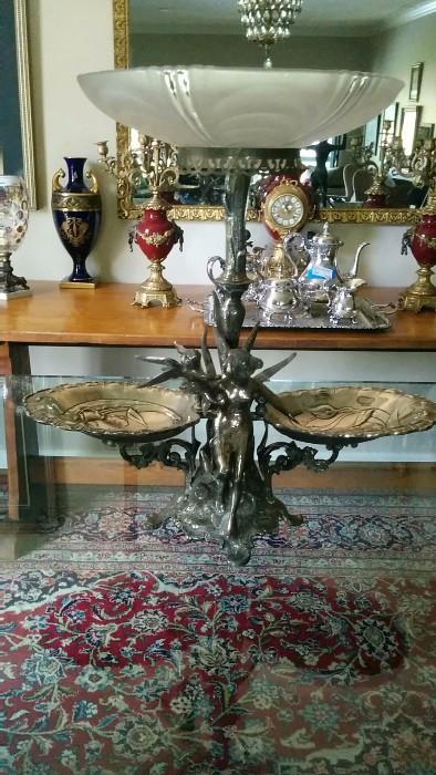 Antique silver plated French epergne, with frosted, fluted bowl.