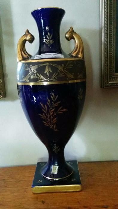 Here's a close-up of one of the pair of Jean Pouyat cobalt vases. Make certain you pronunce it correctly: VAAAAAHHZZZ.