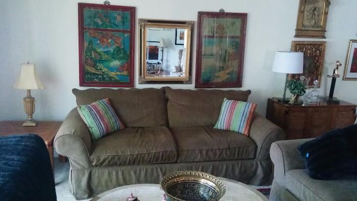 Great sofa by Clayton Marcus, + matching love seat, pair of Asian panels above.