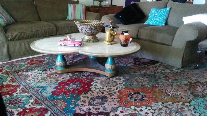 Designer 3-lobed coffee table, with limestone inlay and antiqued wooden legs - great hand woven Persian Rug!