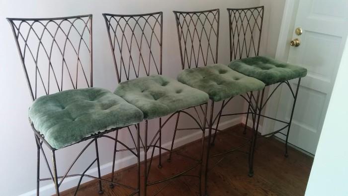 Set of 4 wrought iron and velvet barstools, made in the Phillipines