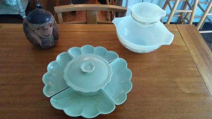 The perfect accessories for your MCM dining table: A celadon green, lazy susan serving dish, a levitating chip/dip dish and a coconut monkey!