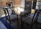 Beveled Glass top Dining Table w 4 Metal and Upholstered Chairs