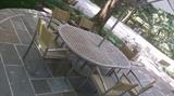 Archetype PATIO furniture, Oval and round TEAK tables and umbrellas,
