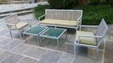 Sutherland poolside, patio chairs, teak and canvas cushion, square glass top aluminum frame tables