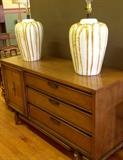 Midcentury United Furniture Co. Credenza, pair Marshmallow/Maple Syrup Table Lamps