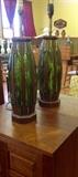 Pair of green ceramic and wood table lamps