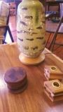Dansk wood coasters, mulit-layered ceramics table lamp, wood cnadlesticks