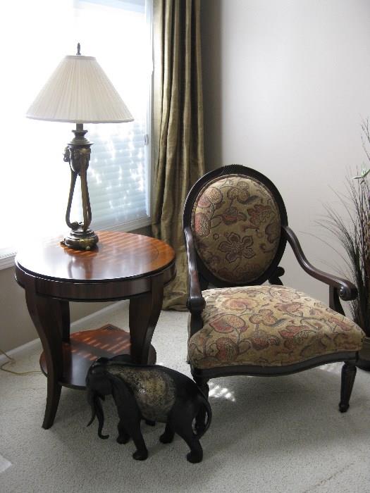 Elephant theme in lamps and other decor. Tapestry Queen Anne Chair by Bernhardt