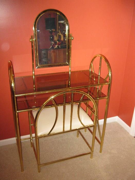 Gold chrome vanity, mirror and stool
