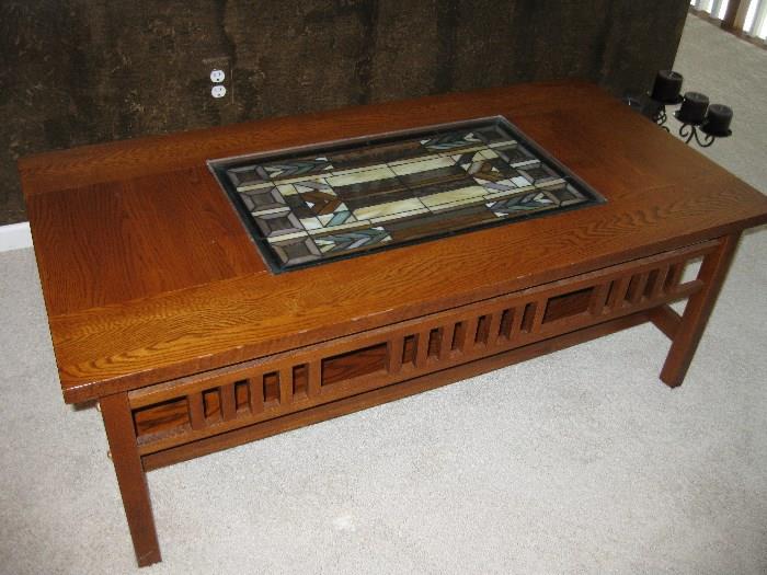Mission coffee table with inlaid stained glass, shades of purple