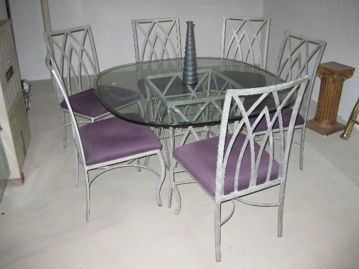 dining set with glass top and 6 chairs, purple cushions, matching etergere