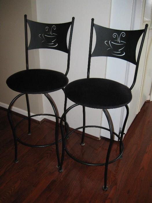 2 bar stools. black wrought iron, coffee cup design