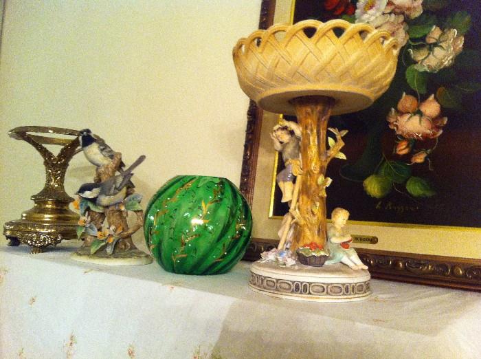 Compote and green glass vase; bird figurine