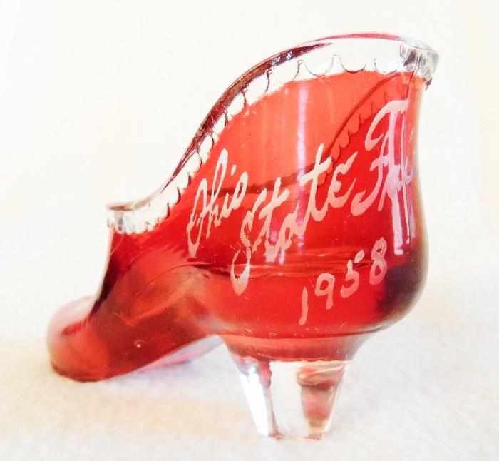 Ohio State Fair 1958 - vintage ruby flashed glass slipper  - rare Duncan-ware piece by U.S. Glass