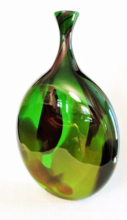 Mike Wallace art glass, "Happy Vase" series green vase, signed 2011