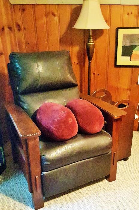 Arts and crafts leather recliner chair, like new, magazine stand, tall brass lamp 