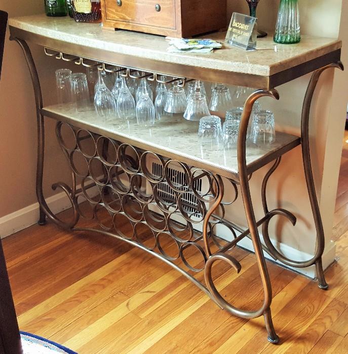 Cast iron and marble wine rack with glass storage