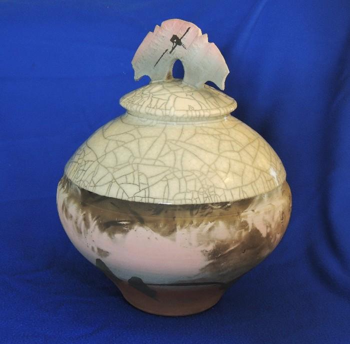 Multi-glazed, multi-fire studio pottery lidded vase