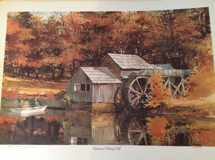 Michael Sloan signed and numbered "Autumn at Mabry's Mill" print unframed