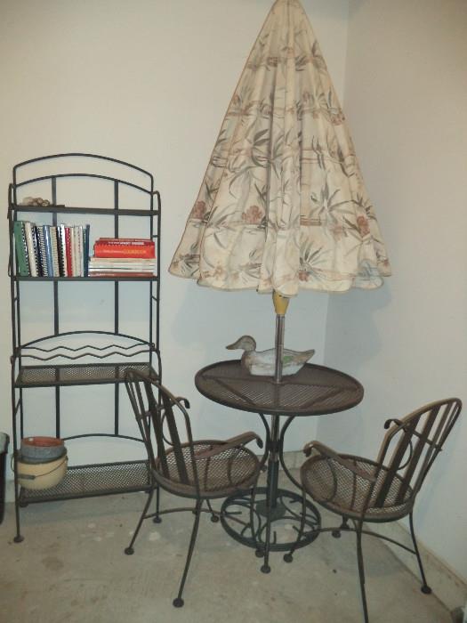 Quaint Iron Patio Table, Chairs & Umbrella - Matching Bakers Rack