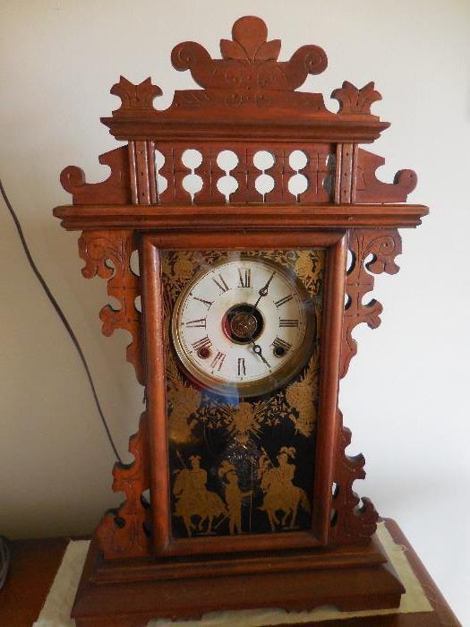Vintage Fretwork German Clock.Enamel Face.Hand painted on glass