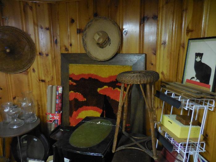 Vintage Wicker Stool.Mid Century Rug Wall Hanging. Sombreros Vintage Lanterns 