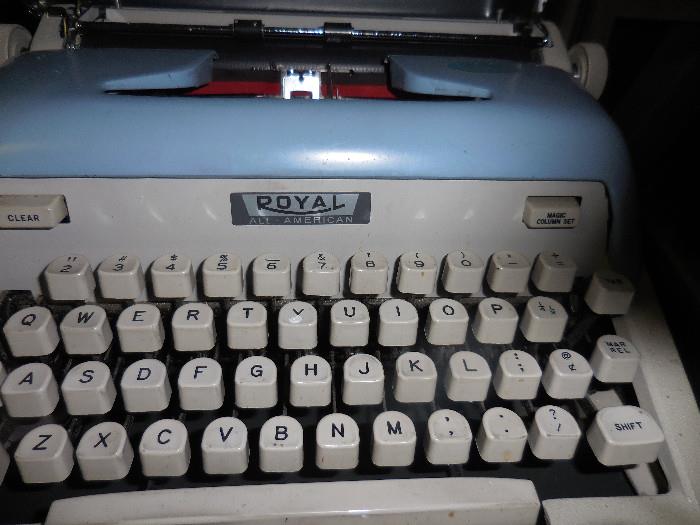 Royal baby blue portable typewriter with case