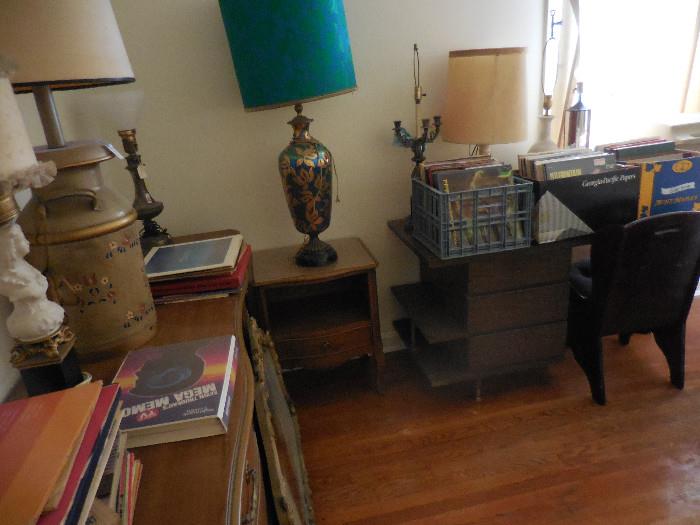 Bedroom.Vintage Dressers, Table Lamps.Records