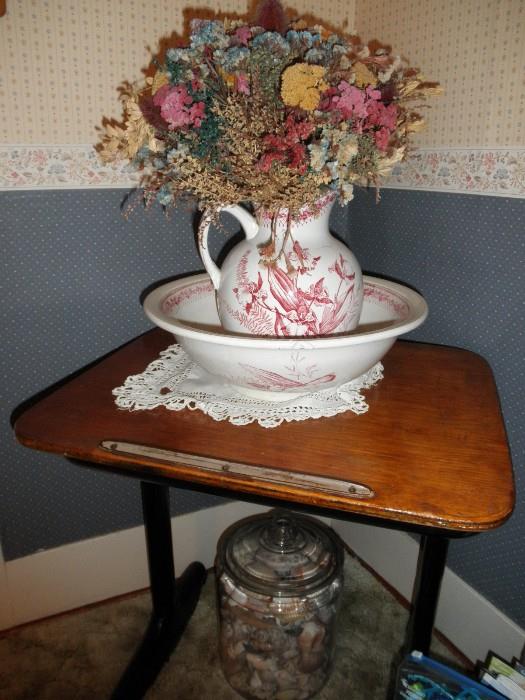 antique bowl and pitcher,  student desk