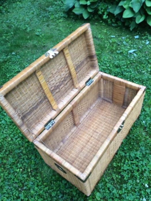 Antique wicker rattan trunk w engraved brass hardware. Excellent condition. Perfect for children's room or sunroom .$175.