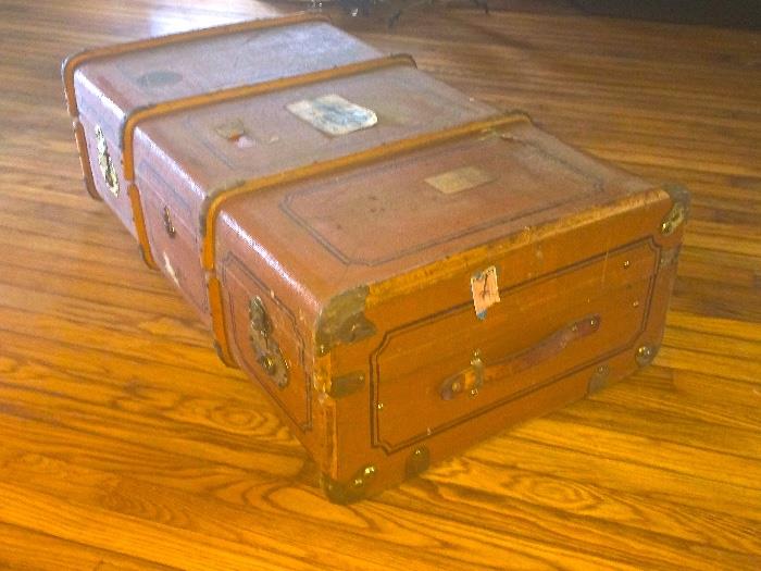 Antique steamer trunk w design details. Original materials. Stamps. Solid reinforced with bamboo and brass. $250