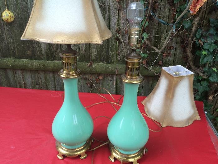 Vintage, opaque green glass w brass base. Excellent condition. Rewired. $185.