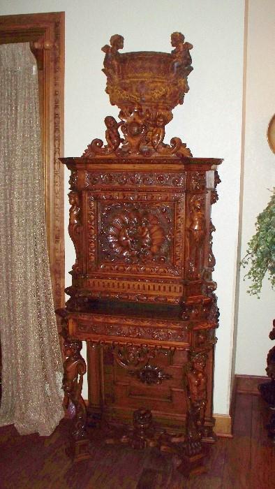 Antique Carved Chest on Table (the top is a plant urn and not part of the chest)