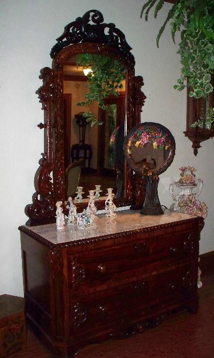 Carved Chest with Mirror and Marble Top